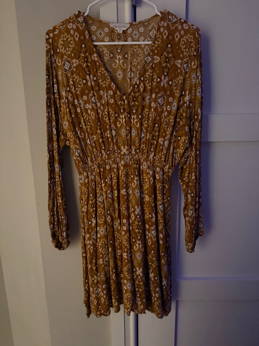 Vanilla Bay Mustard Geo-Print Long Sleeve Smocked Dress